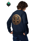 Key of Empathy - Organic Cotton Sweatshirt in Navy Blue on model with design on back and Xmas icon.