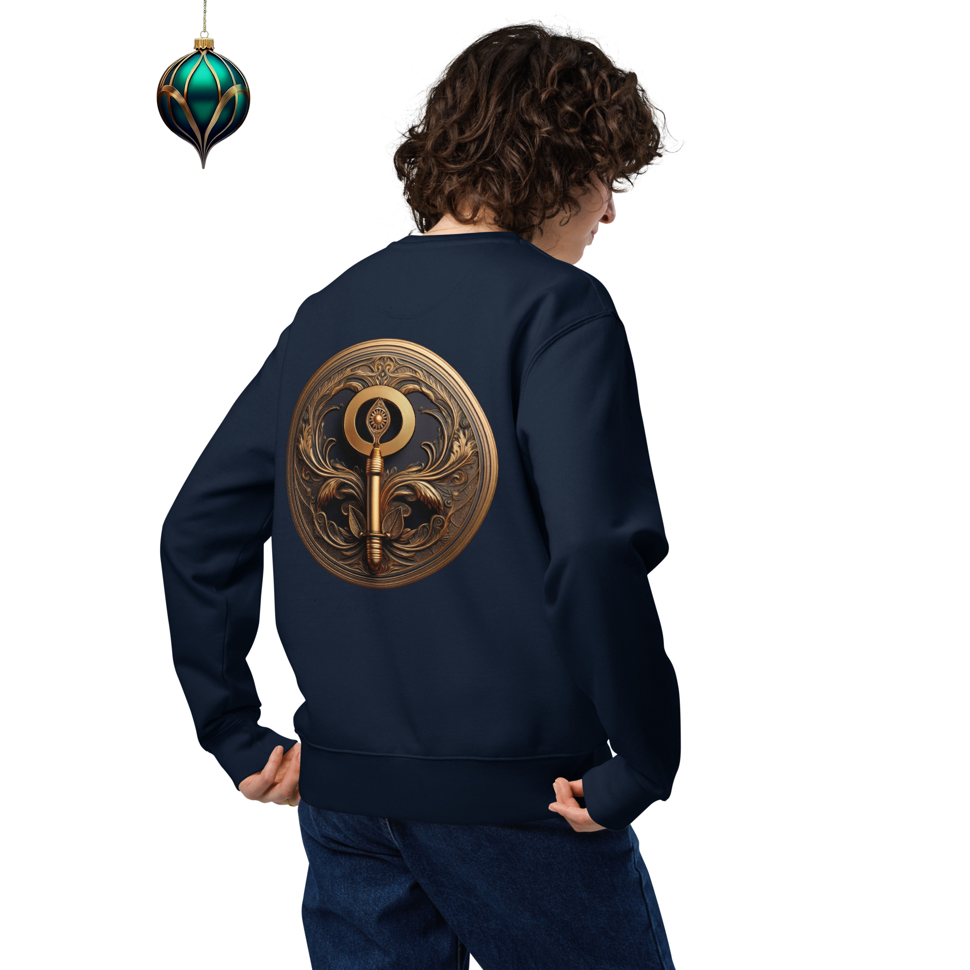 Key of Empathy - Organic Cotton Sweatshirt in Navy Blue on model with design on back and Xmas icon.