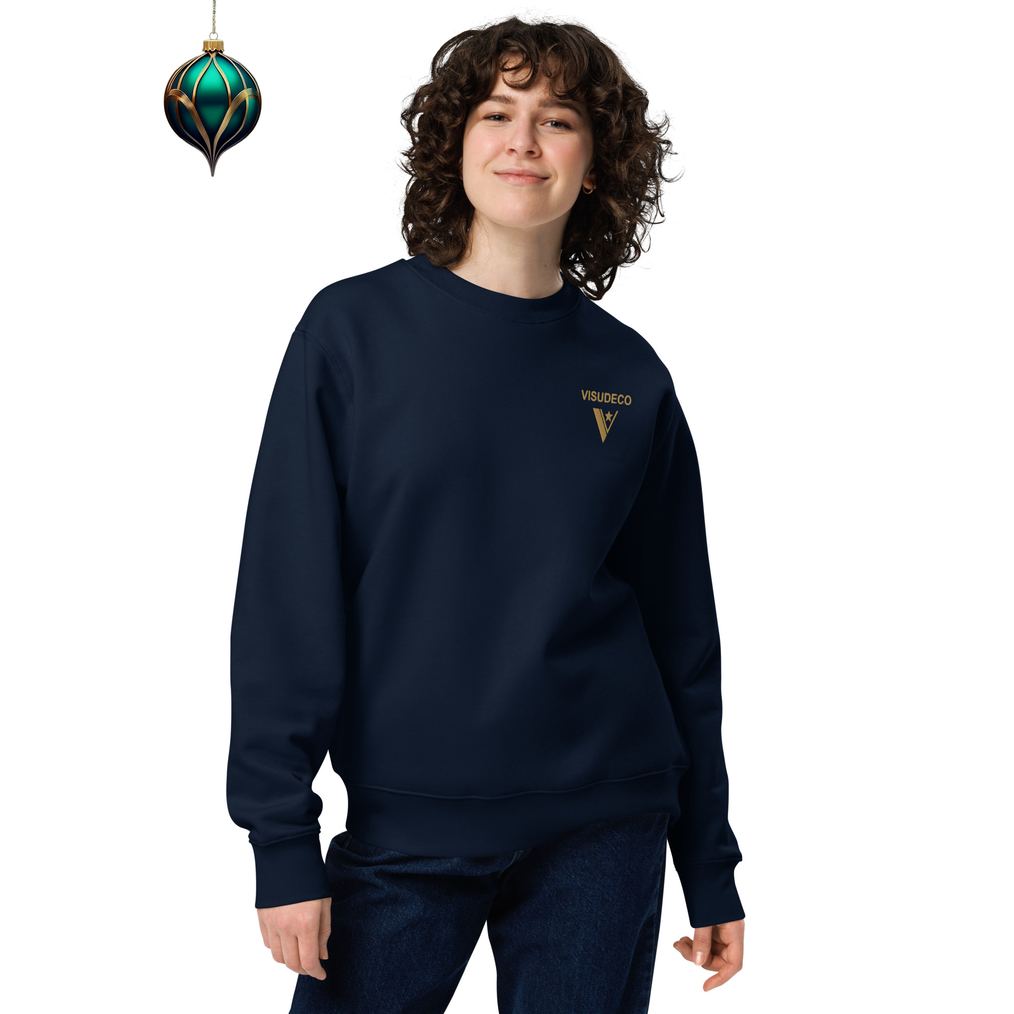 Organic Cotton Sweatshirt in Navy Blue on model with visudeco logo in front and Xmas icon.