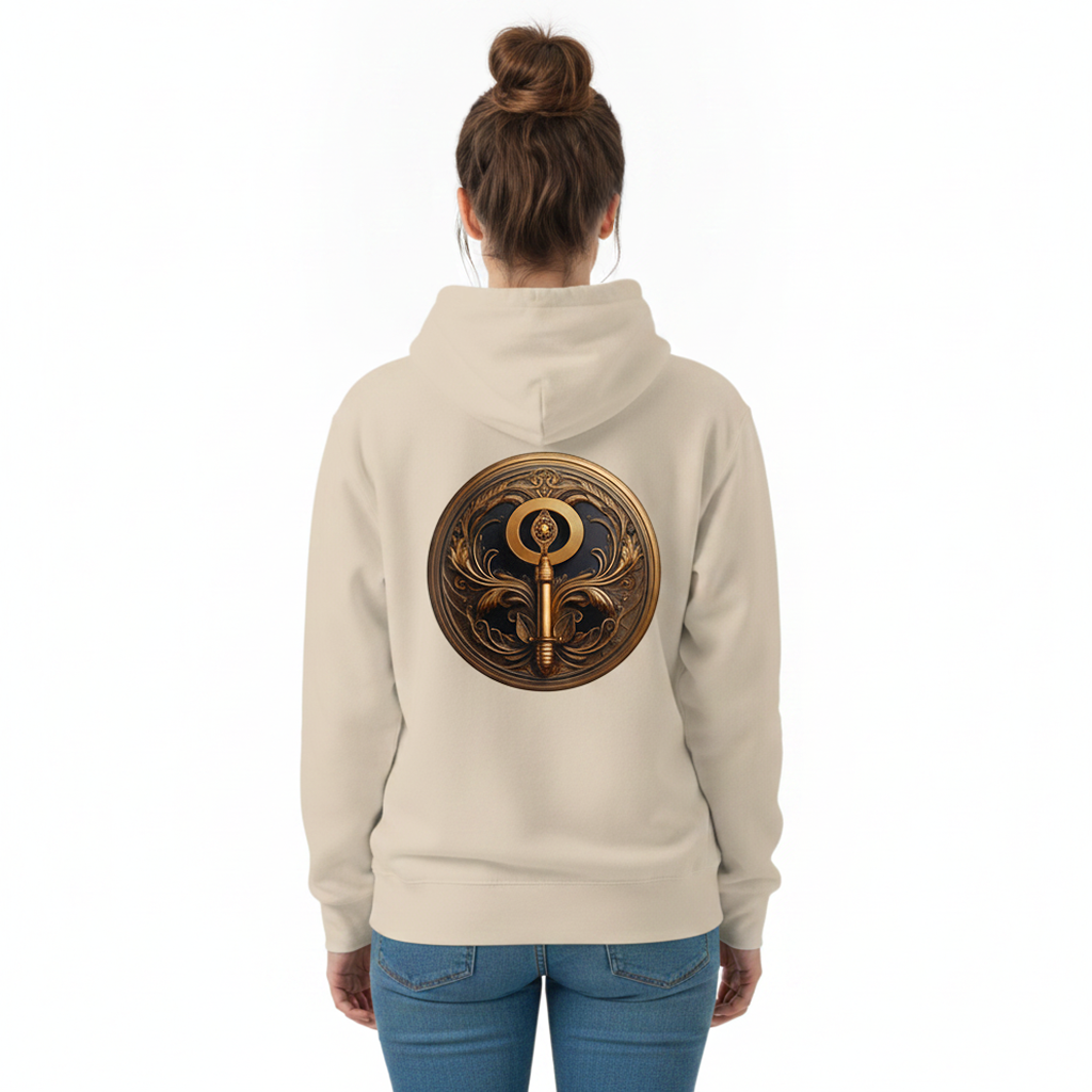 A woman viewed from behind wearing a light beige hoodie with a large circular gold and dark blue key graphic printed on the back, paired with blue jeans against a plain white background.