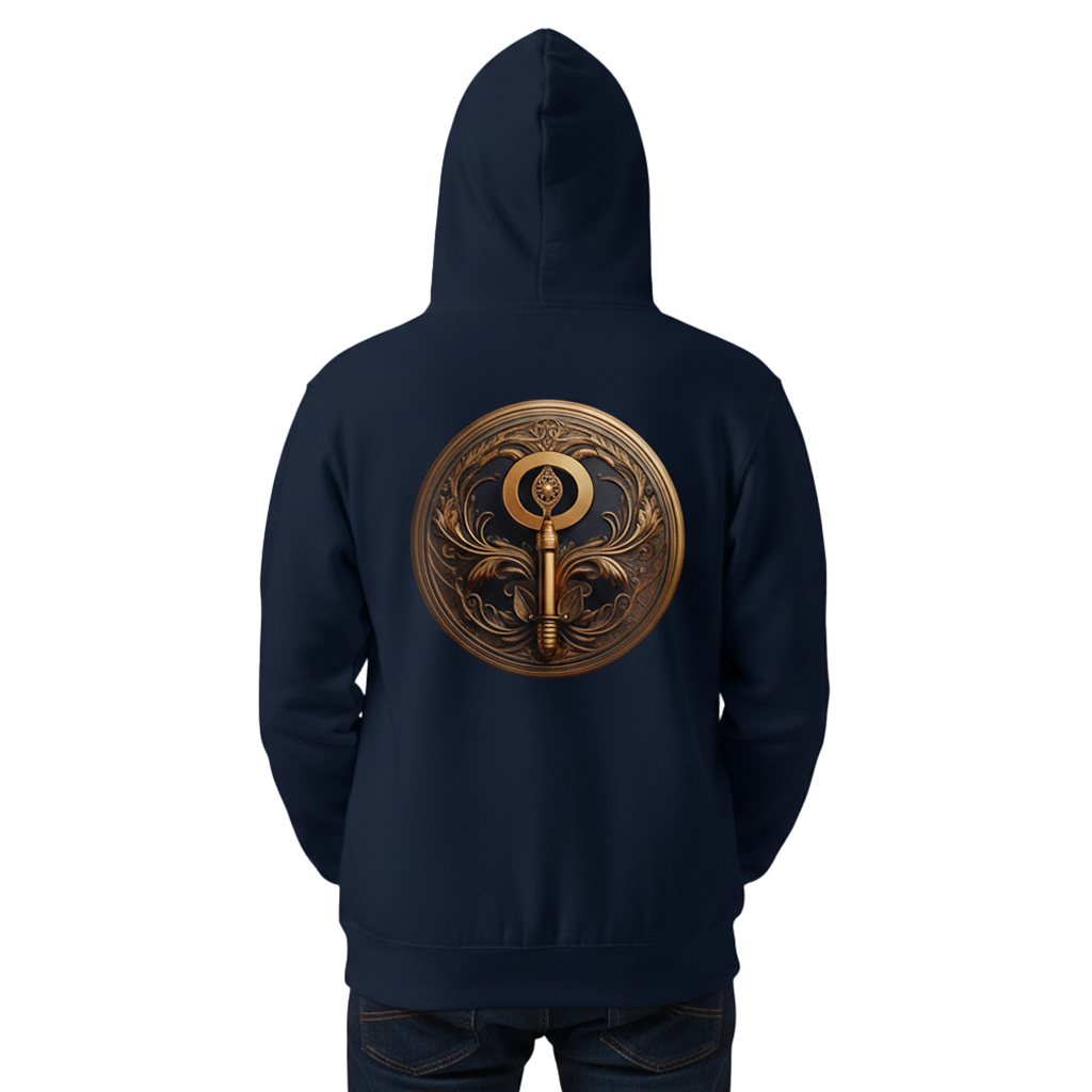 A person viewed from the back wearing a dark navy hoodie with a large circular bronze key graphic printed on the center of the back, set against a plain white background.