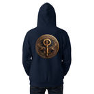 A person viewed from the back wearing a dark navy hoodie with a large circular bronze key graphic printed on the center of the back, set against a plain white background.
