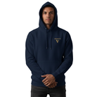 Person wearing a navy blue hoodie with a VISUDECO logo in front.