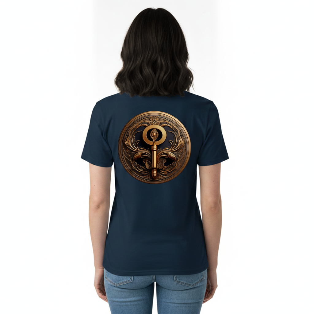 Woman wearing a navy blue t-shirt with a bronze emblem on the back.