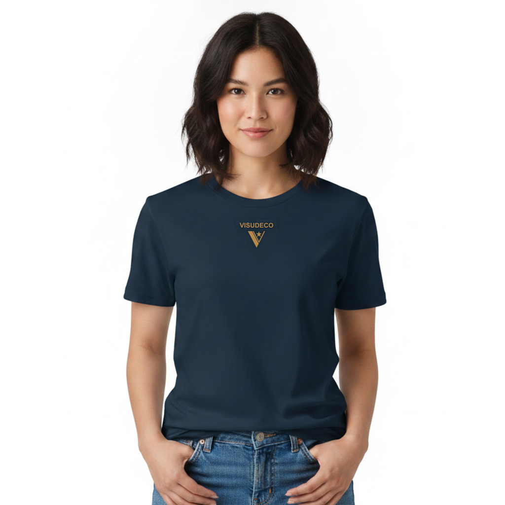 Woman wearing navy blue t-shirt with logo on the front.