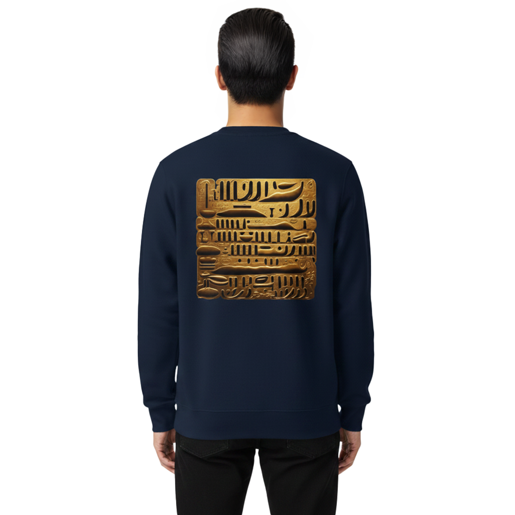 Man wearing a sweatshirt with a golden design on the back.