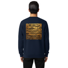 Man wearing a sweatshirt with a golden design on the back.