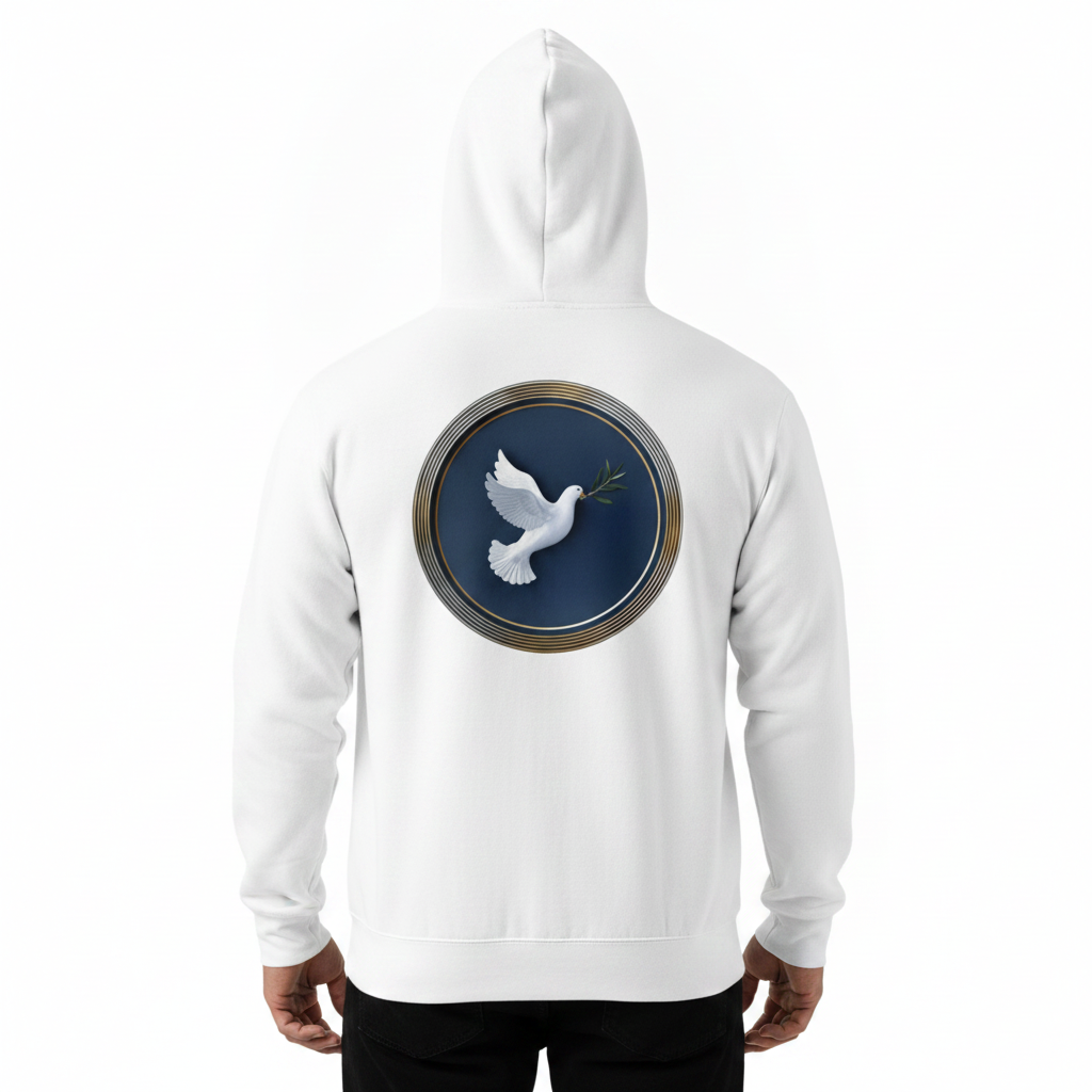 White hoodie with a circular design featuring a dove on a blue background
