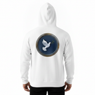 White hoodie with a circular design featuring a dove on a blue background