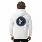 Man seen from the back in a white hoodie with a white dove as a peace symbol - on the back.