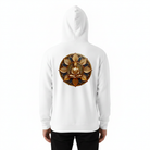White hoodie with a gold Buddha design on the back against a white background
