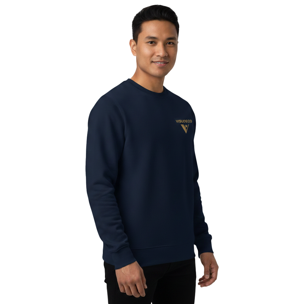Man wearing a navy blue sweatshirt with a logo on a white background
