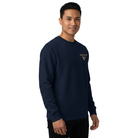 Man wearing a navy blue sweatshirt with a logo on a white background