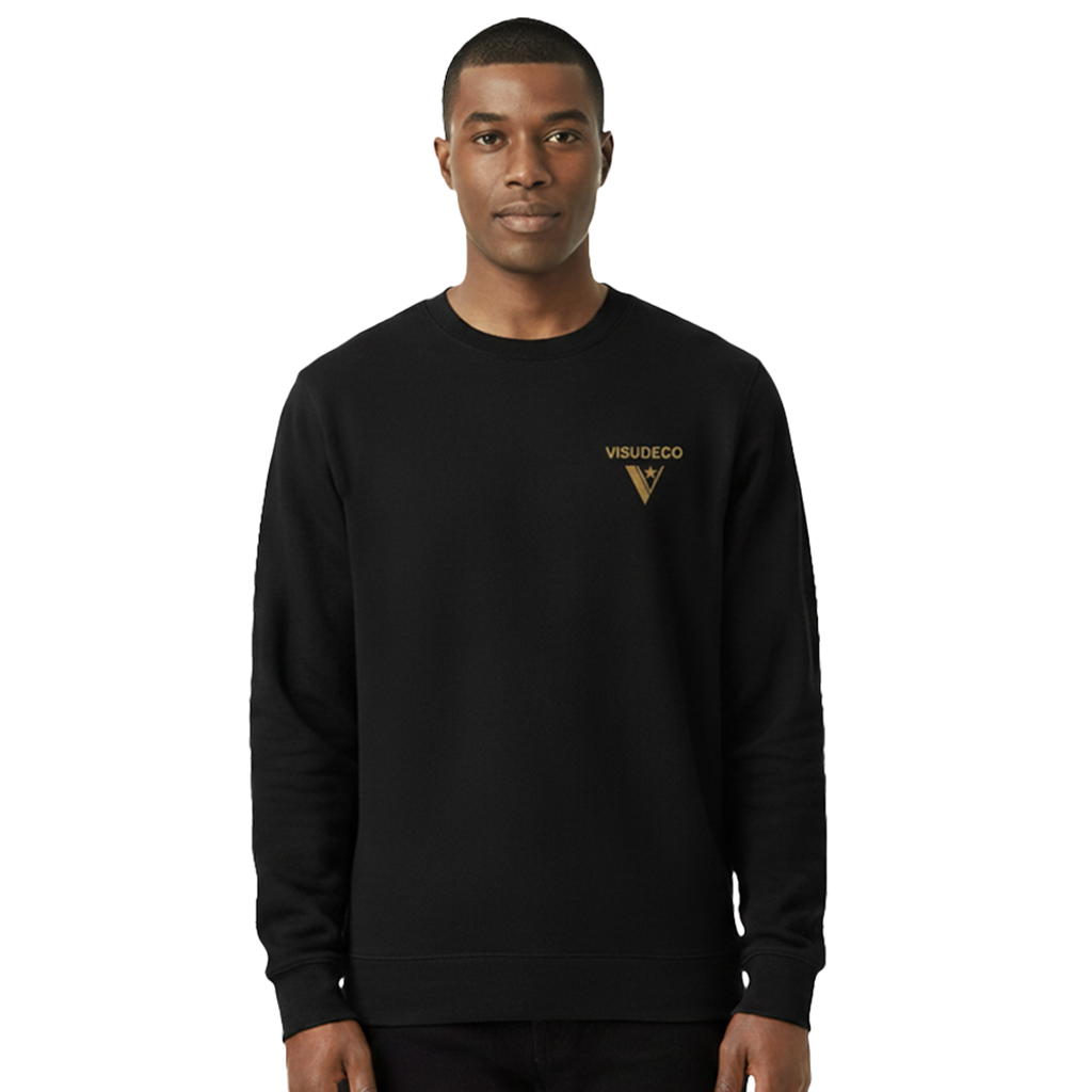 Man wearing a black sweatshirt with a logo on a white background