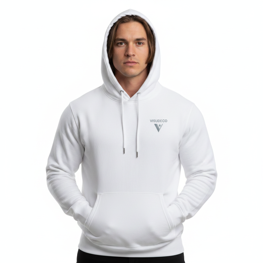 Man wearing white hoodie, seen from the front with logo in front and hood over his head.