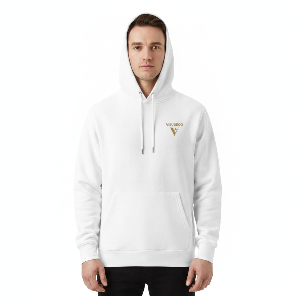 Person wearing a white hoodie with a logo on a white background