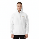 Person wearing a white hoodie with a logo on a white background