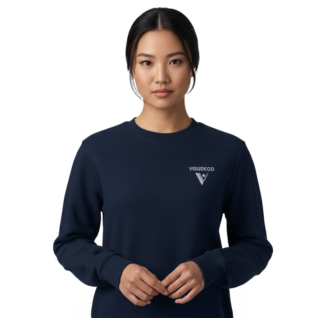 Person wearing a navy blue sweatshirt with a logo on a white background