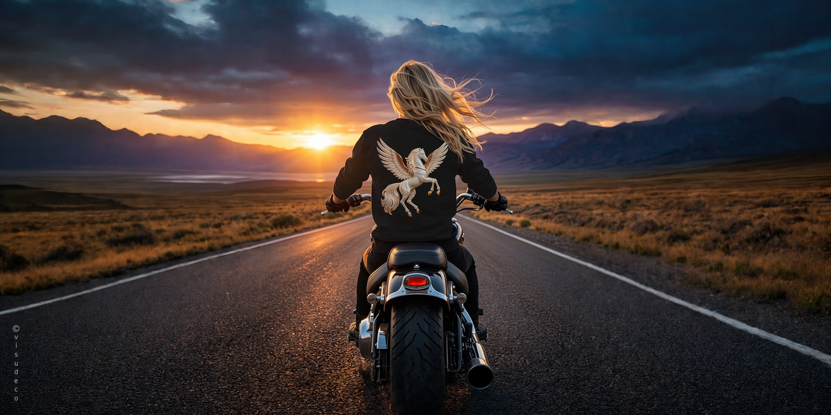 A woman riding a motorcycle on a paved road toward a sunset over a mountainous landscape. She is seen from behind, wearing a black jacket with a large white winged horse graphic on the back.