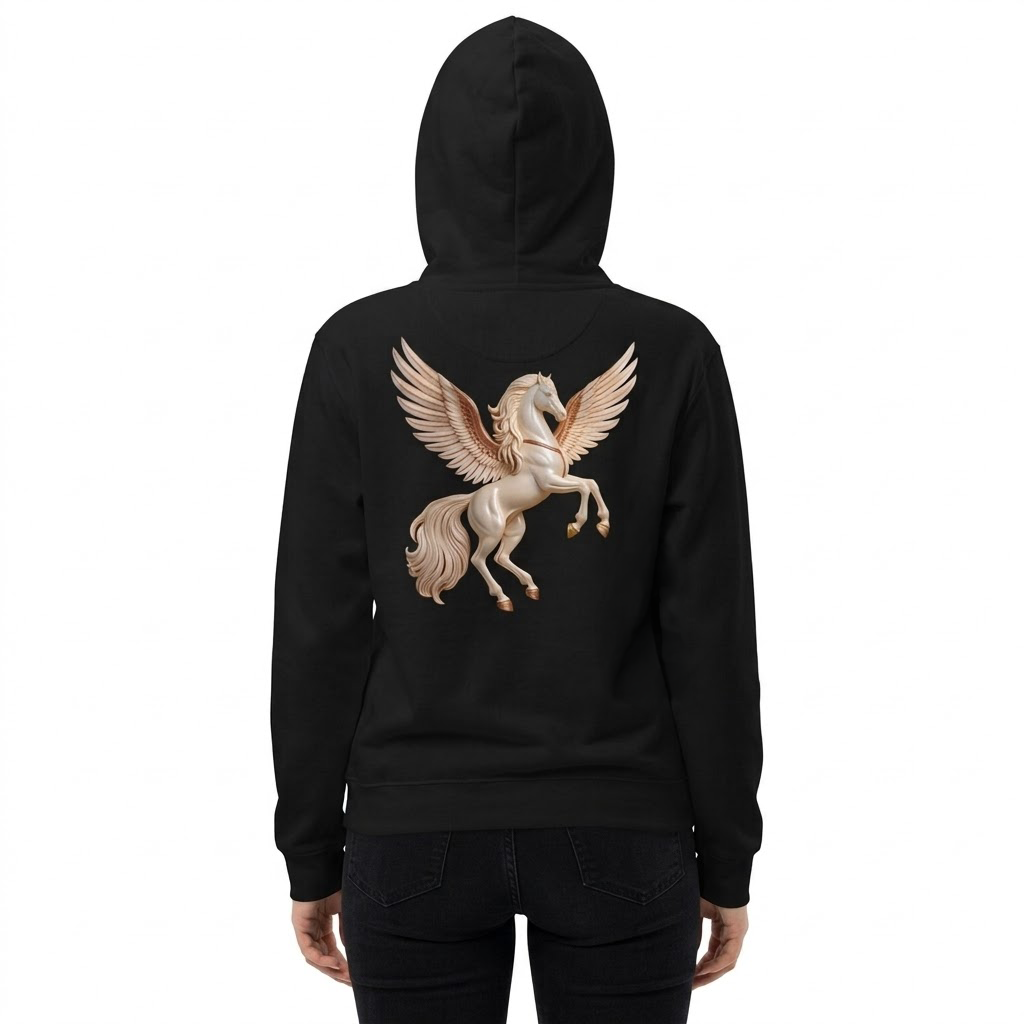 A person shown from the back wearing a black hoodie with a large graphic of a white Pegasus horse on the back, paired with black jeans against a plain white background.