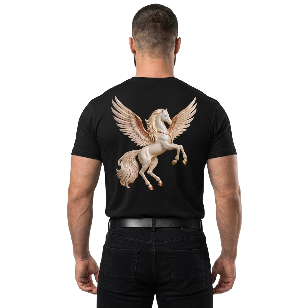 A man viewed from the back wearing a black t-shirt with a large graphic of a white Pegasus horse with golden wings, paired with black jeans.