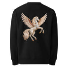 A black crewneck sweatshirt shown from the back, featuring a large graphic print of a rearing Pegasus with spread wings in shades of beige, cream, and gold.