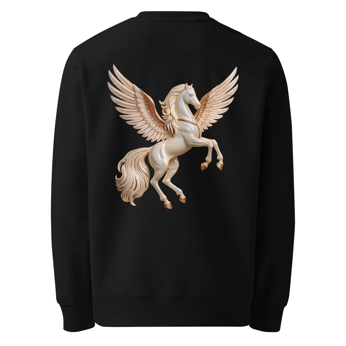 A black crewneck sweatshirt shown from the back, featuring a large graphic print of a rearing Pegasus with spread wings in shades of beige, cream, and gold.