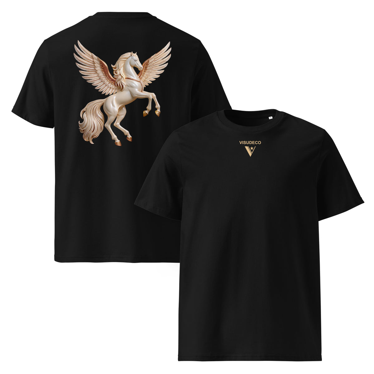 Black Visudeco cotton t-shirt with a pegasus design on the back and logo in front.