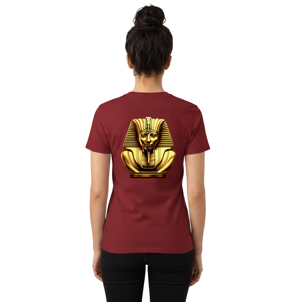Woman wearing a burgundy t-shirt with a golden pharaoh design on the back.