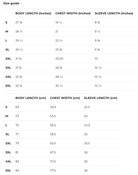 A size guide table showing measurements for clothing sizes S through 5XL, with columns for body length in inches and centimeters, chest width in inches and centimeters, and sleeve length in inches and centimeters.