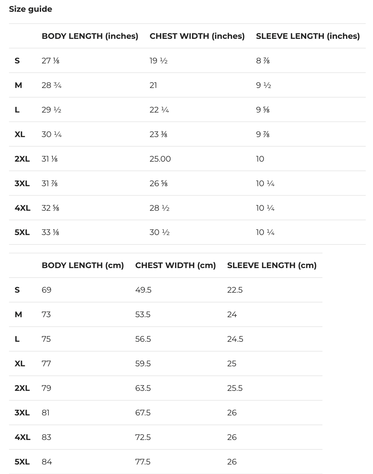 A size guide table showing measurements for clothing sizes S through 5XL, with columns for body length in inches and centimeters, chest width in inches and centimeters, and sleeve length in inches and centimeters.