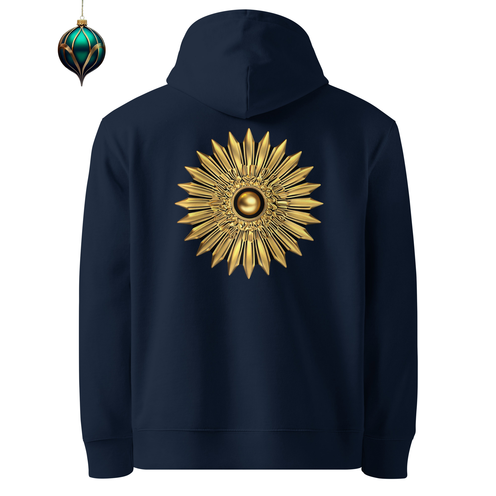 Sun - Organic Cotton Hoodie in Navy Blue with sun design on the back and Xmas decoration.