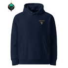 Organic Cotton Hoodie in Navy Blue with visudeco logo on the front and Xmas decoration.
