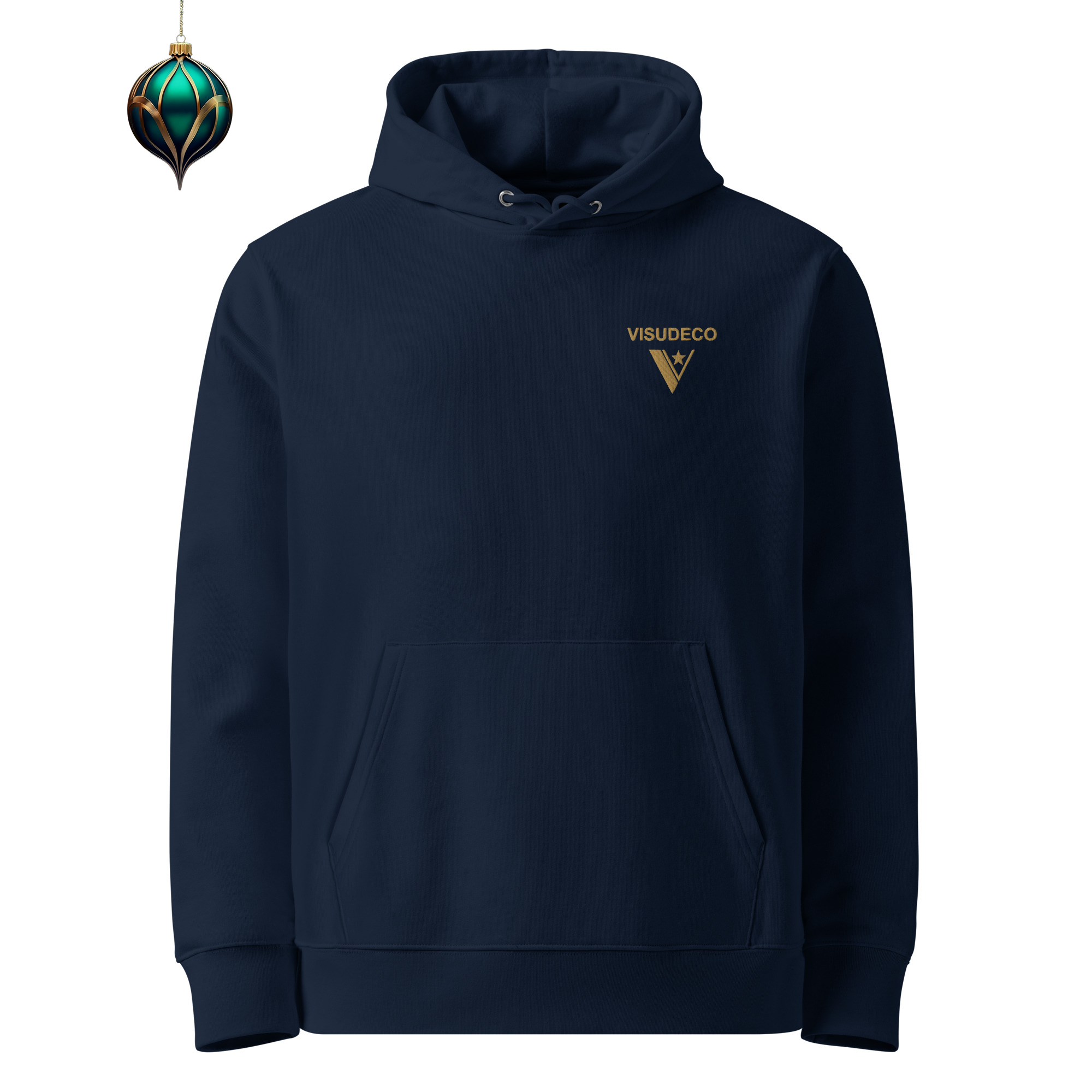 Organic Cotton Hoodie in Navy Blue with visudeco logo on the front and Xmas decoration.