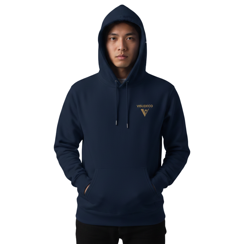 Person wearing a navy blue hoodie with a logo in front.