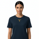 Woman wearing a navy blue t-shirt with a logo on a white background