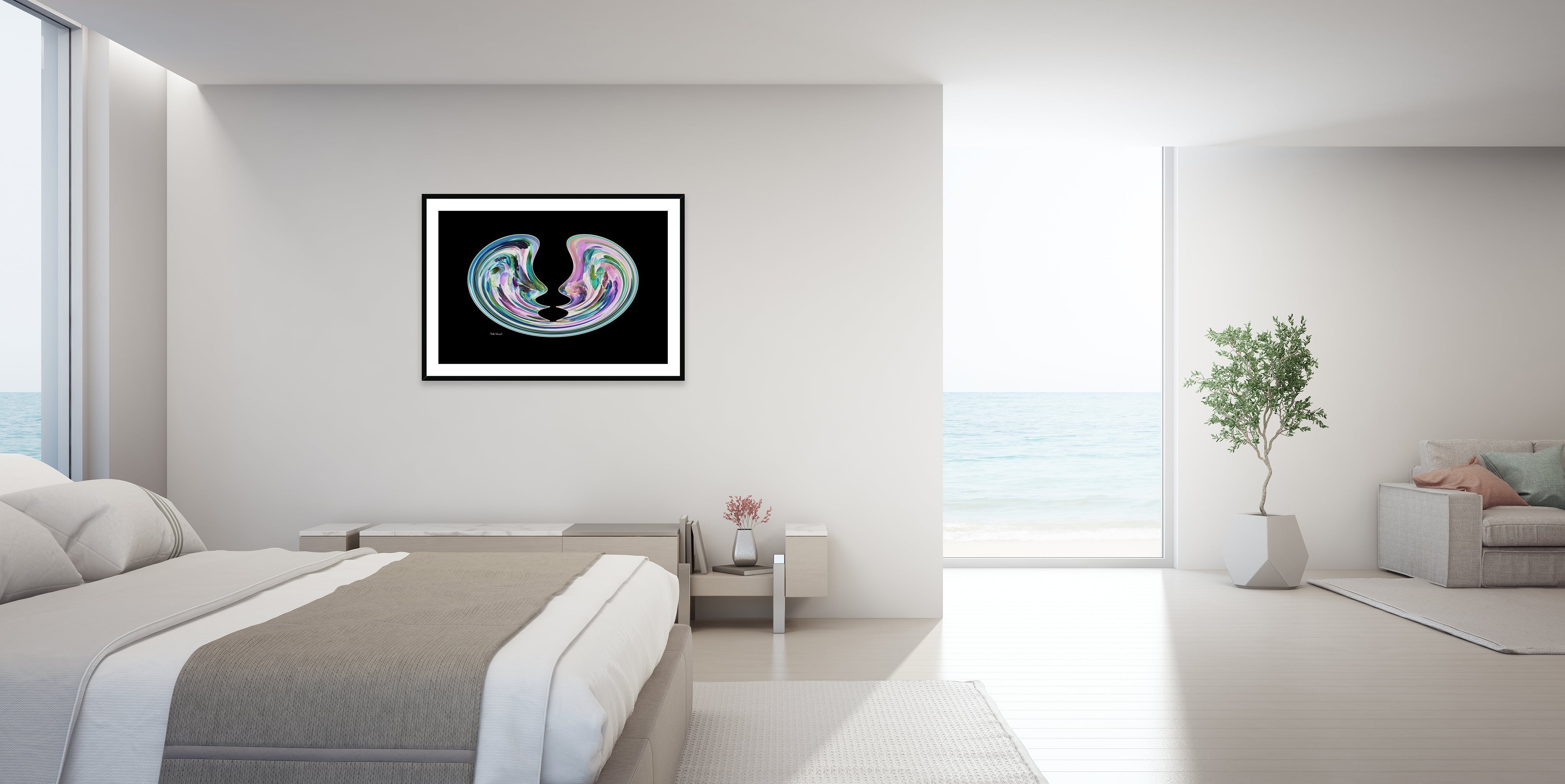 The Garden - Framed & Mounted Print - in a light -, modern -, bedroom setup.
