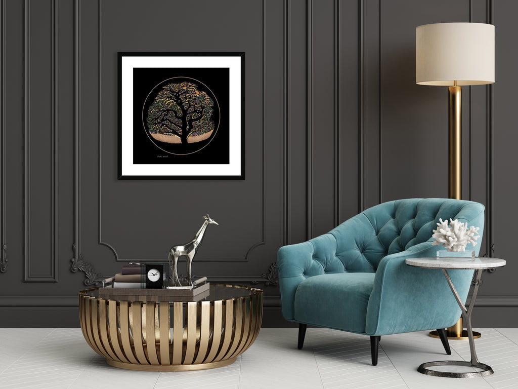Art deco interior decoration setup with art print titled - Tree of Life - at VISUDECO® by Mark Wessel.