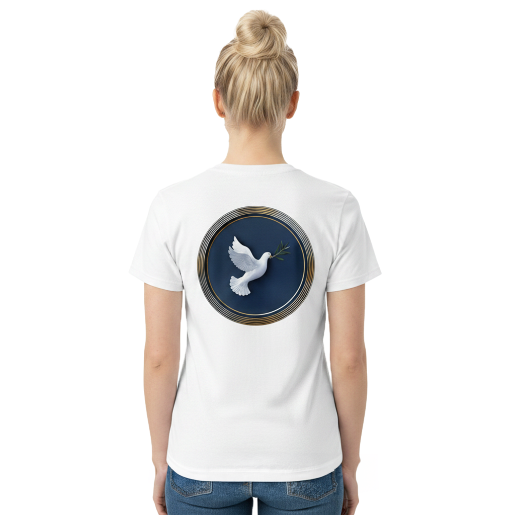 A woman viewed from the back wearing a white short-sleeve T-shirt with a large circular graphic on the back featuring a white dove in flight over a dark blue background with a metallic-looking border.