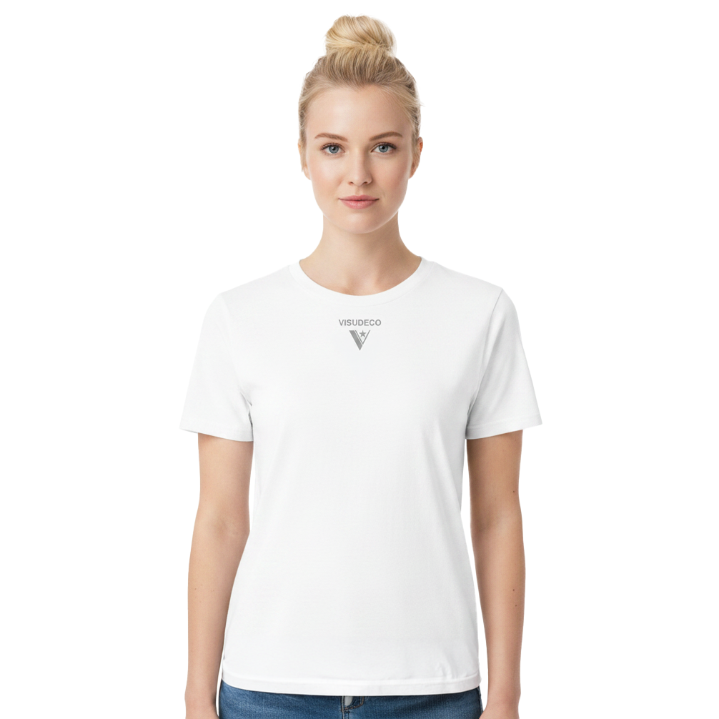 A woman modeling a white short-sleeve crewneck t-shirt with a small gray VISUDECO brand logo printed on the center chest, set against a plain white background.