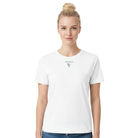 A woman modeling a white short-sleeve crewneck t-shirt with a small gray VISUDECO brand logo printed on the center chest, set against a plain white background.