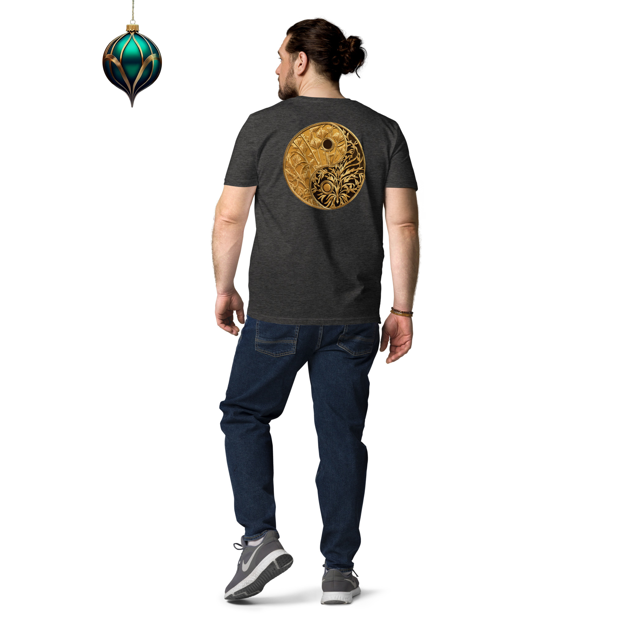 Yinyang - Organic Cotton T-Shirt in Dark Heather Grey with Yinyang design on back and Xmas decor.