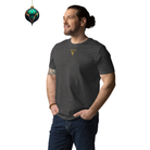 Organic Cotton T-Shirt in Dark Heather Grey with visudeco logo on the front and Xmas decoration.