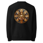 Black sweatshirt with a gold and bronze Buddha design on the back against a white background.