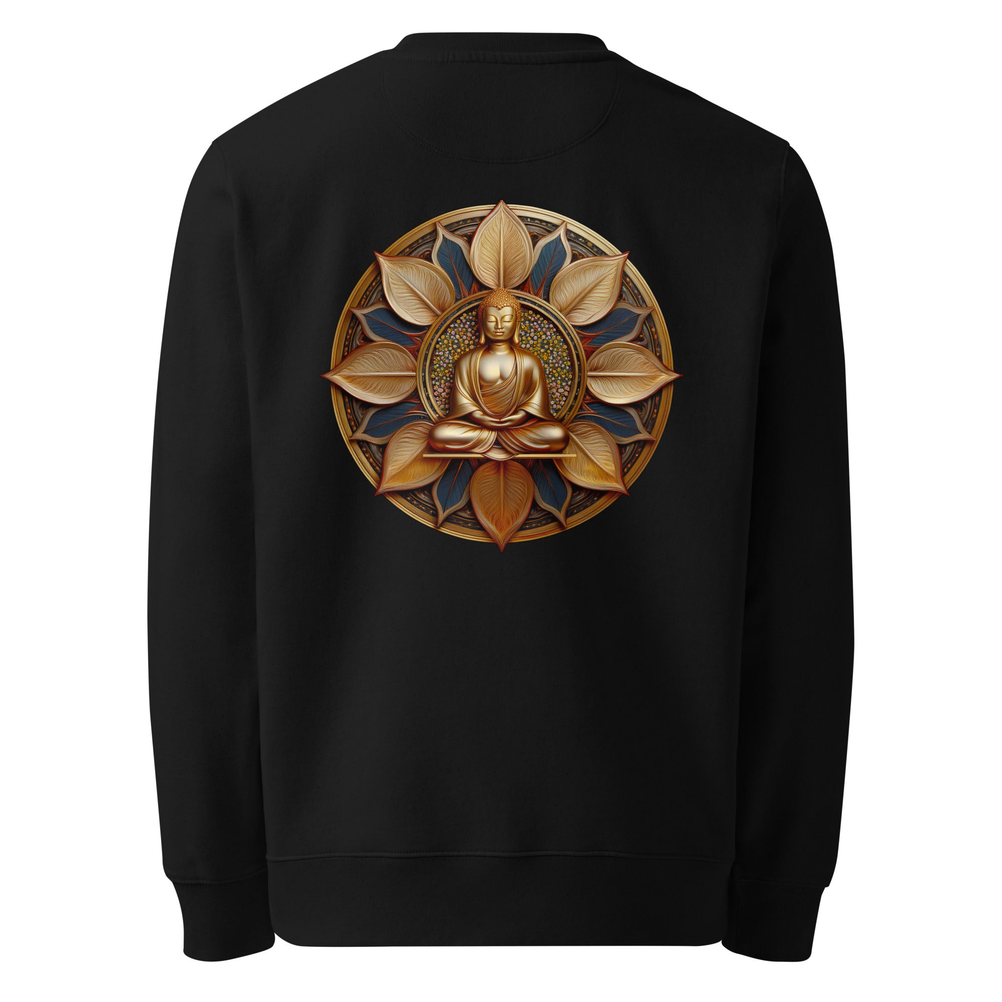 Black sweatshirt with a gold and bronze Buddha design on the back against a white background.