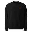 Black sweatshirt with a gold logo on a white background.