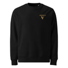 Black sweatshirt with a gold logo on a white background.