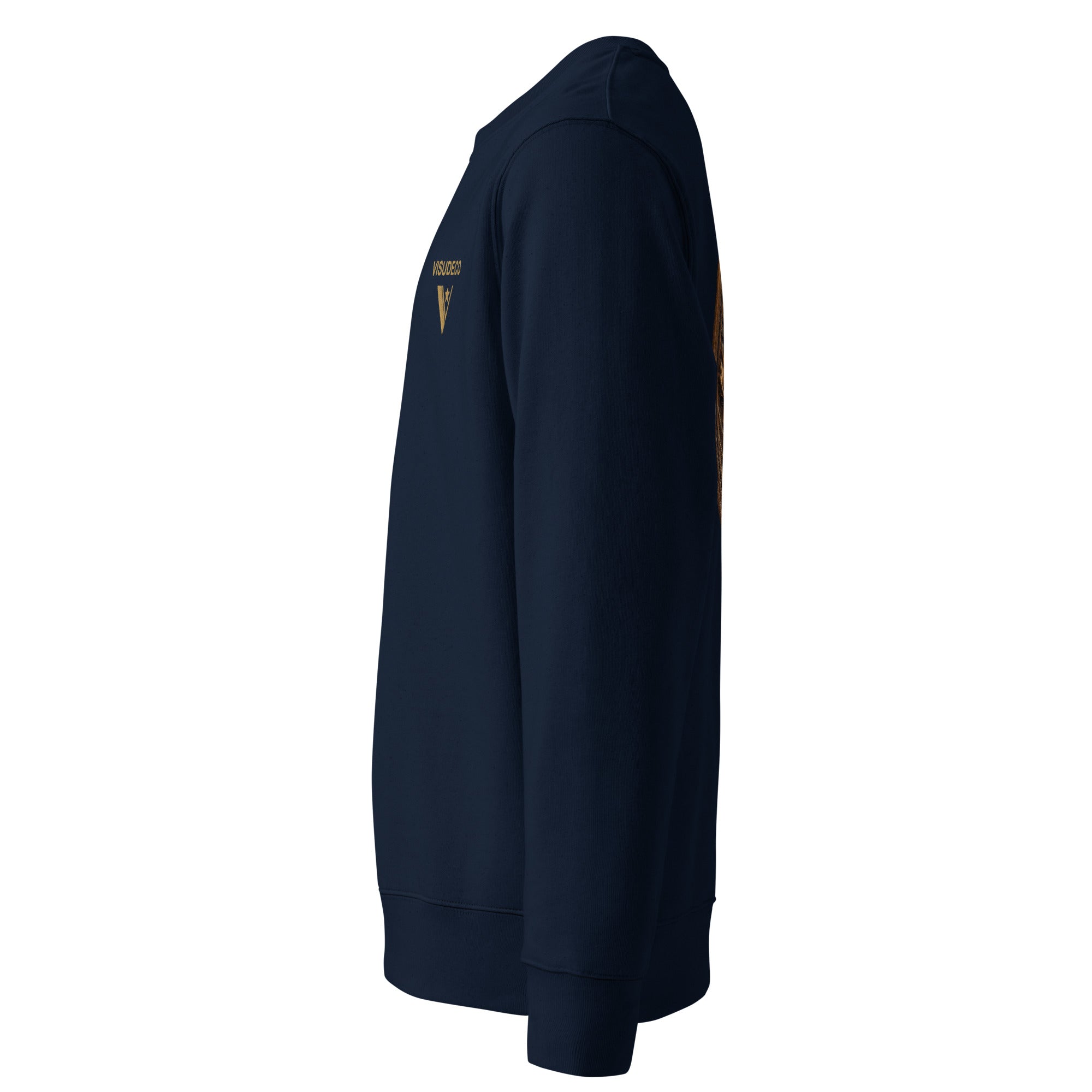 Navy blue sweatshirt with VISUDECO logo in front on a white background.