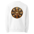 White sweatshirt with golden symbol on the back.