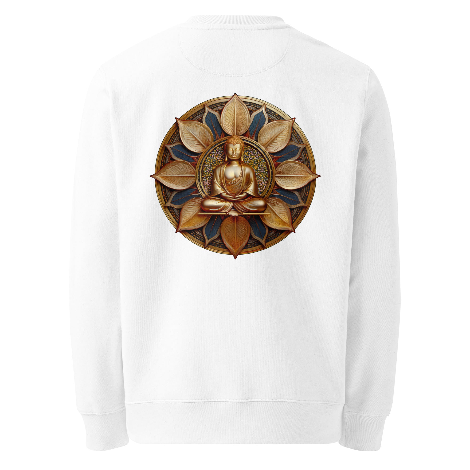 White sweatshirt with golden symbol on the back.